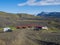 ICELAND, LANDMANNALAUGAR, August 1, 2019: Botnar mountain hut and campsite on Laugavegur hiking trail, green valley in