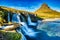 Iceland Landscape Summer Panorama, Kirkjufell Mountain during a Sunny Day with Waterfall