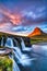 Iceland Landscape Summer Panorama, Kirkjufell Mountain at Sunset with Waterfall in Beautiful Light