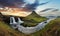 Iceland landscape with volcano and waterfall