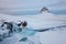 Iceland Landscape Winter Panorama, Kirkjufell Mountain Covered by Snow with Waterfall