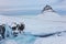 Iceland Landscape Winter Panorama, Kirkjufell Mountain Covered by Snow with Waterfall