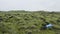 Iceland moss nature landscape with hiker relaxing