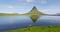 Iceland nature Kirkjufell mountain landscape with tourist hiking walking