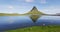 Iceland nature Kirkjufell mountain landscape with tourist hiking walking