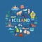 Iceland symbols flat vector illustrations. Tourist postcard decorative design element. Traditional Islandic people