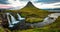 Iceland time lapse photography of waterfall mountain Kirkjufellsfoss, Kirkjufell