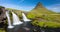 Iceland time lapse video of waterfall mountain Kirkjufellsfoss, Kirkjufell