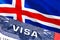 Iceland Visa Document, with Iceland flag in background. Iceland flag with Close up text VISA on USA visa stamp in passport,3D