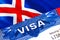 Iceland Visa in passport. USA immigration Visa for Iceland citizens focusing on word VISA. Travel Iceland visa in national