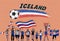 Icelander football fans cheering with Iceland flag colors in fro