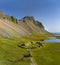 Icelandic aerial landscape with a viking village in Stokksnes. Panorama of Vestrahorn mountain