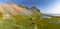 Icelandic aerial landscape with a viking village in Stokksnes. Panorama of Vestrahorn mountain