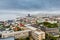 Icelandic capital panorama, streets and colorful resedential buildings with ocean fjord in the background, Reykjavik, Iceland