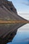 Icelandic horse refelcted in lake at mountain edge