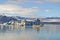 Icelandic mountain lake and glacier under the sun