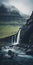 Icelandic Mountain Waterfall: A Romanticized Adventure In Dark Gray And Green