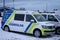 An icelandic Volkswagen Transporter police car at the outdoor parking in winter.