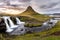 Icelandic waterfall Kirkjufellsfoss at sunset