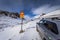 Icelandic wilderness - May 05, 2018: Blocked road in the snow covered landscape of Iceland