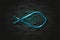 Ichthys, Christian fish blue glowing neon sign or glass tube on a black brick wall. Realistic vector art