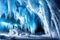 Icicles and stalactites in ice cave in snow.