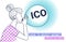 ICO letters flying up in blue sky with yellow air balloon