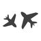 Icon of airplanes flying towards each other at different heights. Simple glyph image. Isolated vector on a white