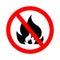 Icon of ban fire. Sign of forbidden open flame. Symbol of warning of flammable. Danger from ignition in forest. Caution and safety