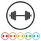 Icon of barbell. Thin circle design. Vector illustration.