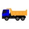 Icon blue dump truck with yellow body on white background