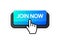 Icon with blue join now 3D button on white background for web marketing design. Flat deign. Social media element. White