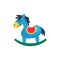 Icon of blue plastic rocking horse. Little pony with red saddle. Design element for postcard, kids web store or mobile