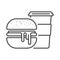 Icon burger with a mug of coffee. A simple sandwich image with potokshey filling and mug with tea or coffee drink