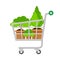 Icon cart and tree potted for tree sales business online, illustration basket for tree pot purchase in e-commerce floral shop,