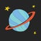 Icon of cartoon planet, saturn, gas giant and stars for children. Adventure travel exploration around universe.