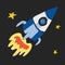 Icon of cartoon rocket and stars for children. Adventure travel exploration around universe.