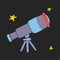 Icon of cartoon space telescope with stars for children. Adventure travel exploration around universe.