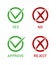 Icon of check. Mark of right or wrong. Checkmark of approve or true and reject. Correct tick in green circle. Cross in red circle