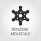 Icon of chemical model of benzene molecule. Organic compound C6H6. Aromatic hydrocarbon black flat logo