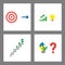 Icon concept set. Bulls eye and dart, slaes chart up with light bulb idea, dollars growing on stairs and light bulb puzzle with