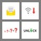 Icon concept set. Envelope with written paper, wifi low signal, question marks growing and unlock word with opened padlock