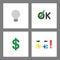 Icon concept set. Grey light bulb, ok with check mark, dollar symbol and incompatible puzzle pieces