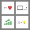 Icon concept set. Heart with key and keyhole, laptop charging, house chart up, grey and glowing light bulbs