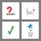 Icon concept set. Money word with question mark, puzzle light bulb with cable, outlet and plug, check mark arrow up, puzzle piece