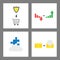 Icon concept set. Shield into shopping cart, sales chart arrow down and up, puzzle piece on cloud, closed and opened envelope with