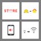 Icon concept set. Store, save money and buy house, smartphone sound off, wifi signal increase