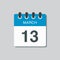 Icon day date 13 March, template calendar page