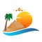 The icon with the Egyptian Pyramids of Giza in the Sand with orange sun in the background of palm trees with brown trunk and blue