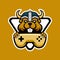 An icon for the gaming industry. Character beaver in a scandinavian viking helmet with a joystick. Animal logo